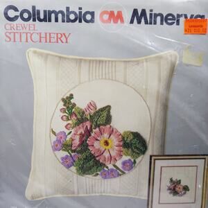 1984 Columbia Minerva Crewel Pillow Picture Kit Hollyhock Flower Sealed 14 x 14"